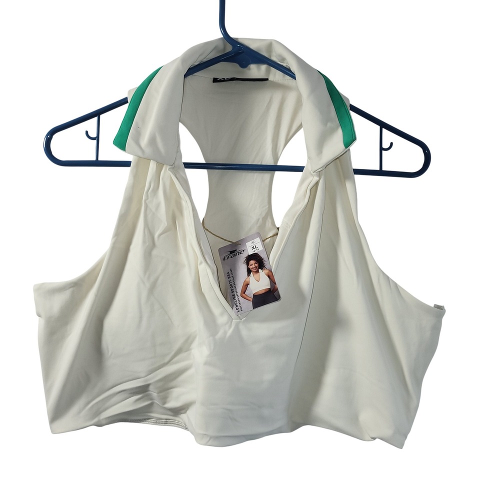 Crane Longline Sports Bra XL Cream Green Collared Halter Racerback Tennis Top‎